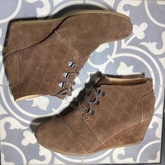 Toms Desert Wedge Suede Ankle Booties Brown Women 10 Faux Fur Lining - Picture 2 of 10